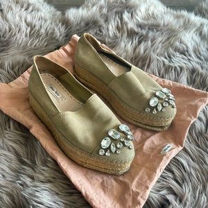 Miu Miu Crystal Embellished Platform Tan/Brown Suede Leather Espadrilles Size 37